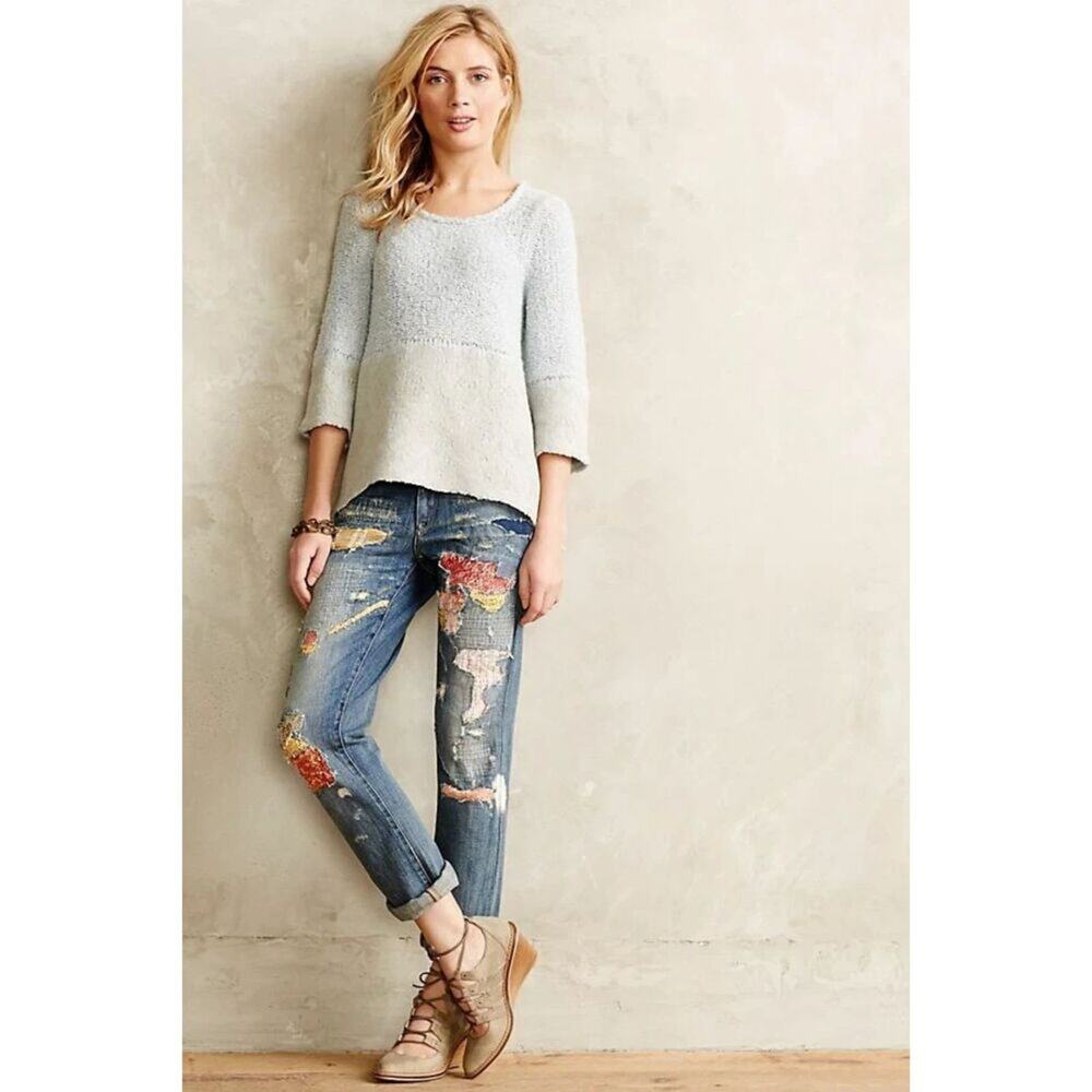 KNITTED & KNOTTED Blue Felted Lace Pullover Bell Sleeve Sweater Size M